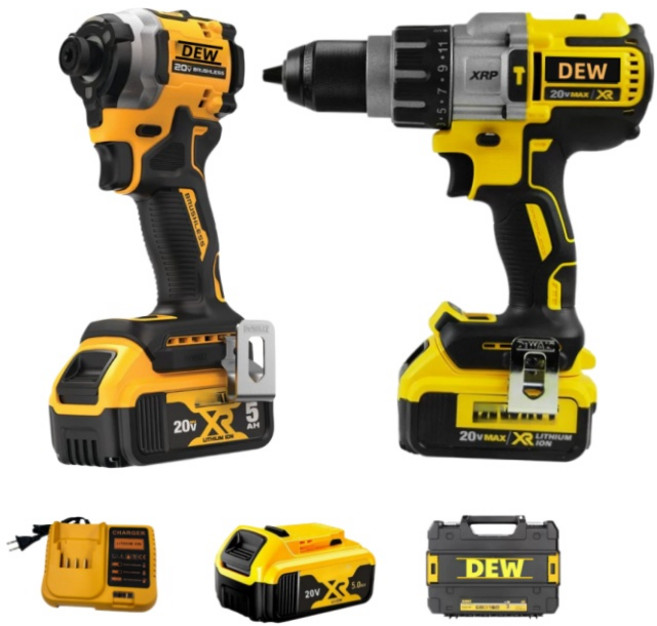 DEW 20V 無刷衝擊起子機 電鑽 雙機組 電動工具, 1個, 無刷起子機+電鑽兩電一充+工具箱