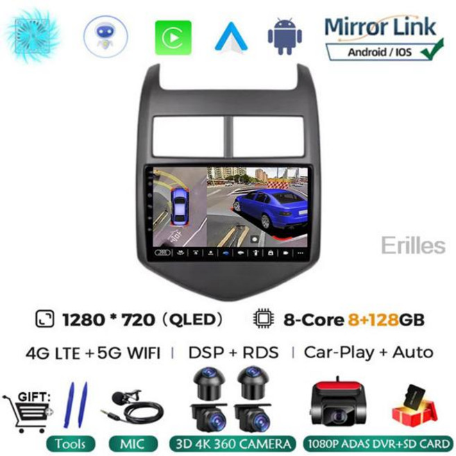 자동차 라디오 멀티미디어 플레이어 쉐보레 아베오 2 소닉 T300 용 5G 2din 안드로이드 13 오토라디오 카플레이 내비게이션 GPS, [14] 8G-128G 360 DVR