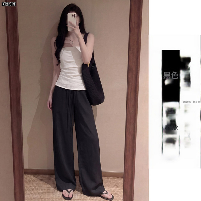 DFMEI 白色亞麻闊腿褲女寬鬆垂感老錢風棉麻休閒高腰直筒褲