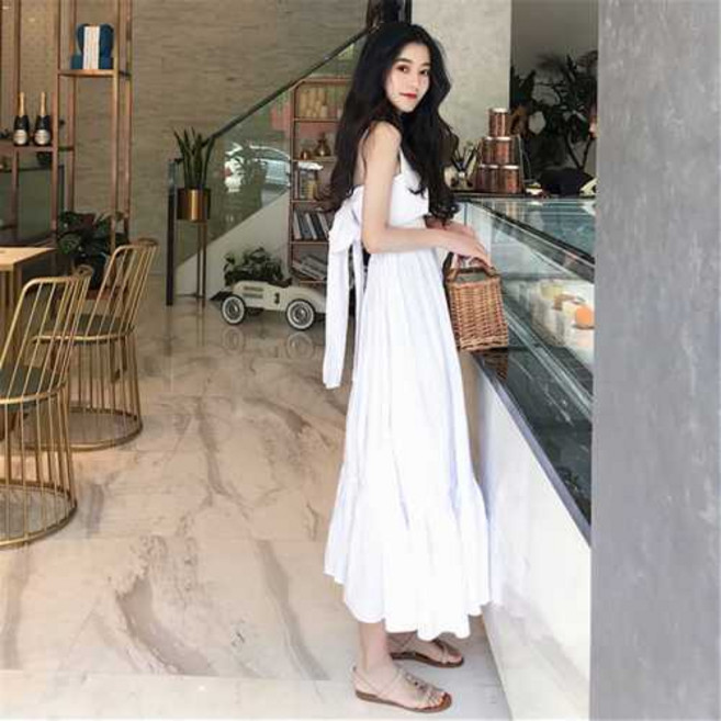 蝴蝶結洋裝 漏背 吊帶 吊帶裙 夏款 女裝 性感 沙灘裙 海邊 度假 長裙, 白色,XL建议60-65公斤