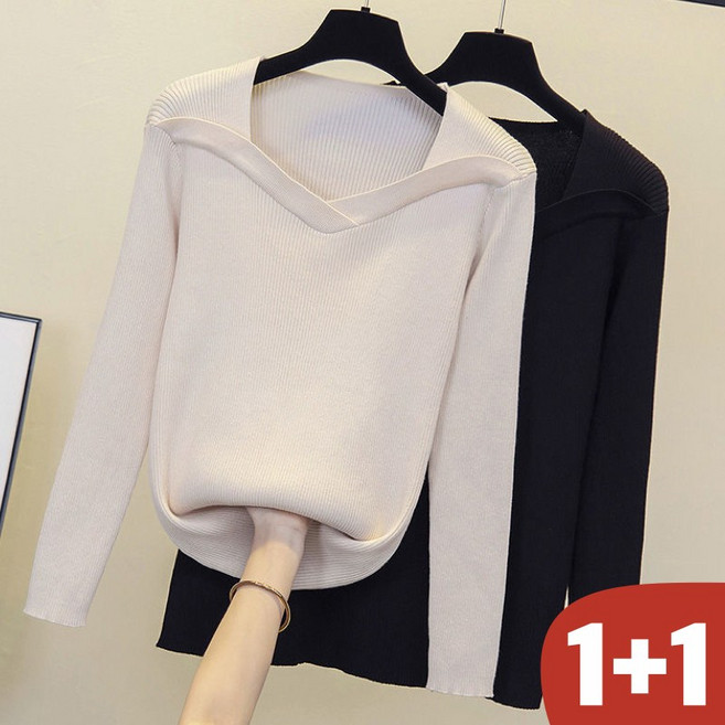(25년 신상) 150kg까지 빅사이즈 1+1 여성 입체 패치워크 니트 나사 브이넥 긴팔 티셔츠 봄 가을 편한 유니크 레이어드 무지 디자인 심플 캐주얼 소프트 스판 외출용 티