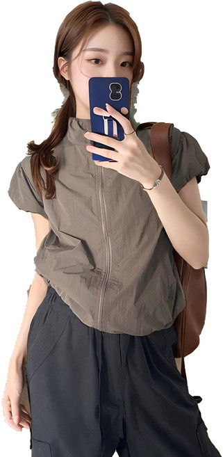 여성 봄여름 가벼운 숏슬리브 집업 자켓 | 퍼프슬리브 디자인 안감 포함 하단 조절 지퍼 포켓 베스트 데일리 캐주얼