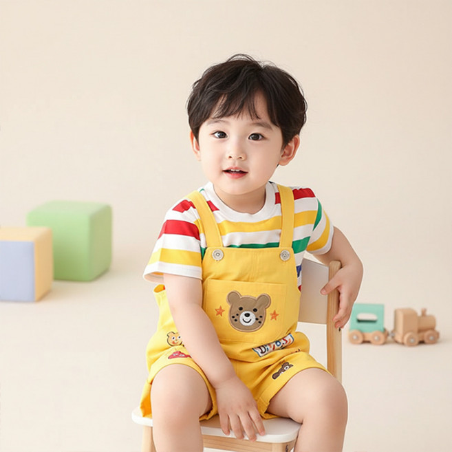 몽실이 무지개스트라이프 멜빵세트 여름 반팔 유아 아기 외출복 나들이룩