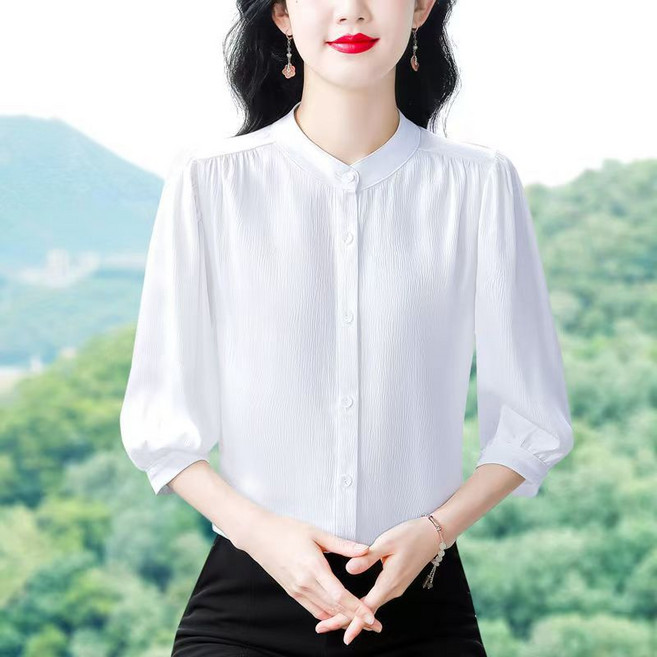 PETITBATH여성 블라우스 차이나넥 슬림핏 버튼 7부 소매 셔츠WZS60223