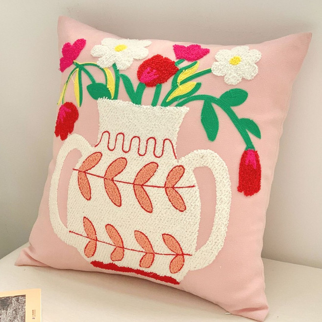 벤스투 쿠션빵빵 핸드메이드 꽃자수 소파 쿠션 솜포함, 분홍꽃병