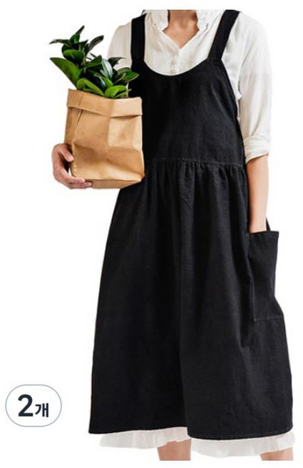 린넨코튼 무지 원피스형 앞치마, 블랙, 2개