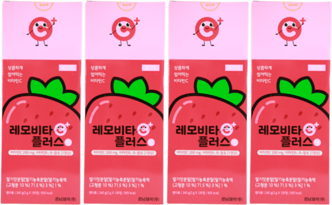 경남제약 레모비타플러스 딸기맛 비타민C 200mg 비타민B 함유 씹어먹는 비타민, 120정, 4개