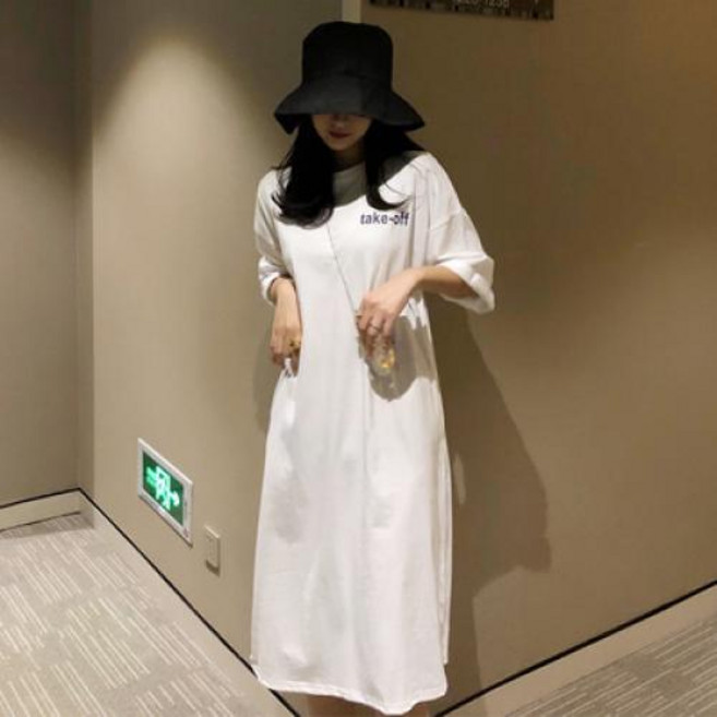 뉴욕멋쟁이 국내배송 테이크원 반팔 티셔츠 원피스 레터링 트임 롱원피스