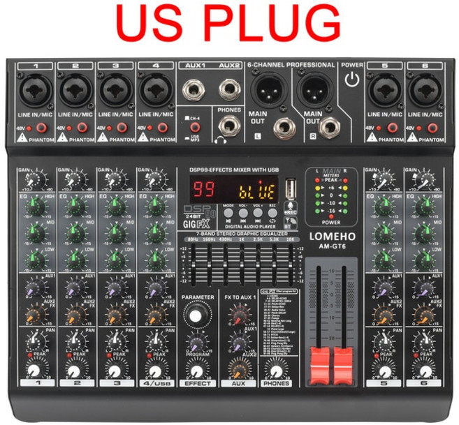 99 이펙트 7 밴드 EQ 사운드 6 모노 개별 48V 오디오 믹싱 USB 재생 블루투스 2 AUX DJ 제어 AM-GT6, 2.US PLUG, 1개