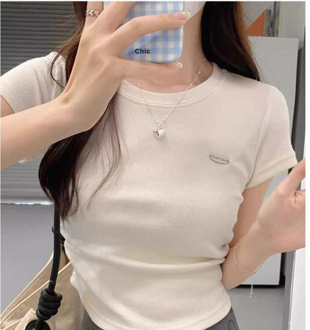 POMTOR여성 여름 라운드넥 정어깨 허리포인트 슬림 반팔티