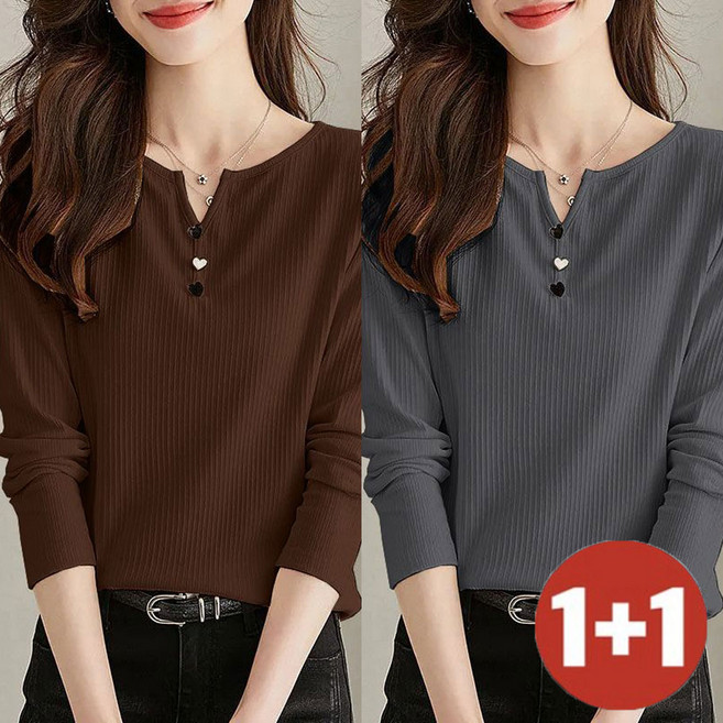 TKX 1+1 여성 가을 간절기 긴팔 티셔츠 단추 장식 브이넥 슬림핏 캐주얼 상의 K37