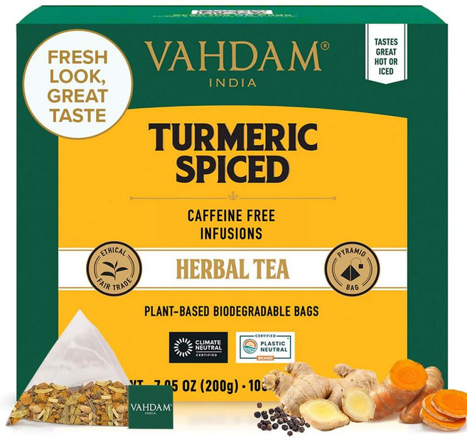 VAHDAM Turmeric Spice 허브 티백 (피라미드 티백 100개) | 카페인 프리 GMO 프리 및 글루텐 프리 | 카다몬 시나몬 레몬그라스 및 흑후추가 함유된, 100 Count Pack of 1, 200g