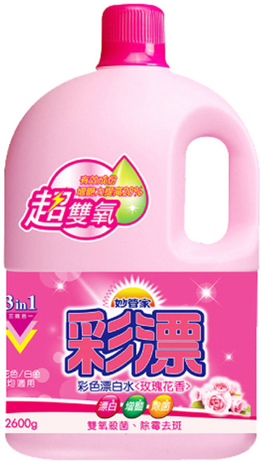 妙管家彩色漂白水 玫瑰花香 超雙氧配方 3合1 漂白增豔 適用彩色白色衣物 2600g (4入), 2.6kg, 4桶