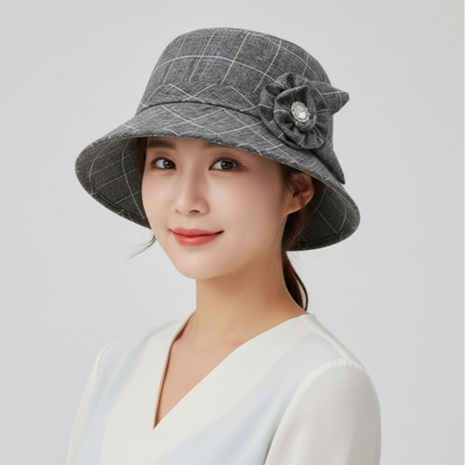 [이엠]h01 봄 가을 체크 플라워 벙거지 모자 중년여성모자