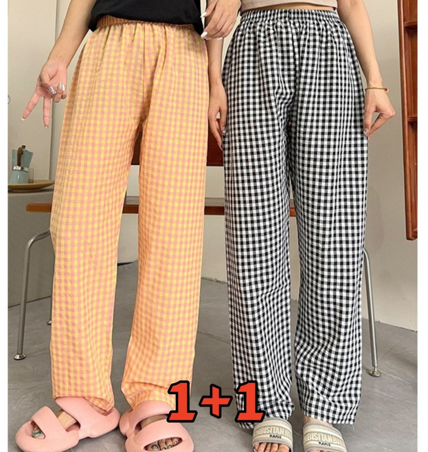 빅사이즈 [1+1] 9부 체크 패턴 파자마 바지 세트