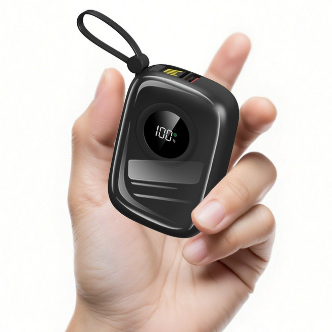 PIUJJA LCD잔량표시 멀티단자 QC3.0 PD 22.5W 고속충전 케이블 일체형 대용량 휴대용 미니 C타입 보조배터리 10000mAh, 블랙