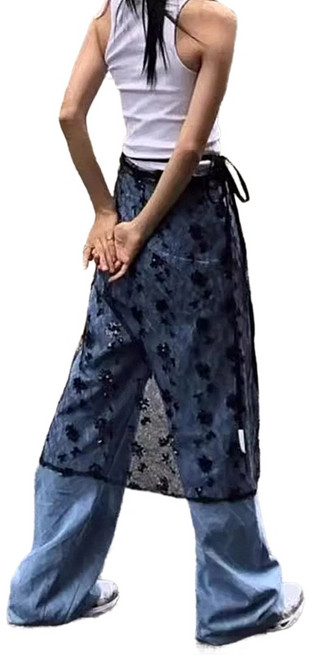 빈티지 스팽글 플라워 레이스 롱 스커트 힙 스카프 여성용 셀프 타이업 에이프런 커버 오버스커트를 통한 미적 시야 확보