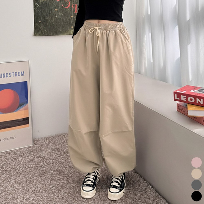 끌로이 남여공용 바스락 절개 빅 와이드 밴딩 바지 아노락 팬츠