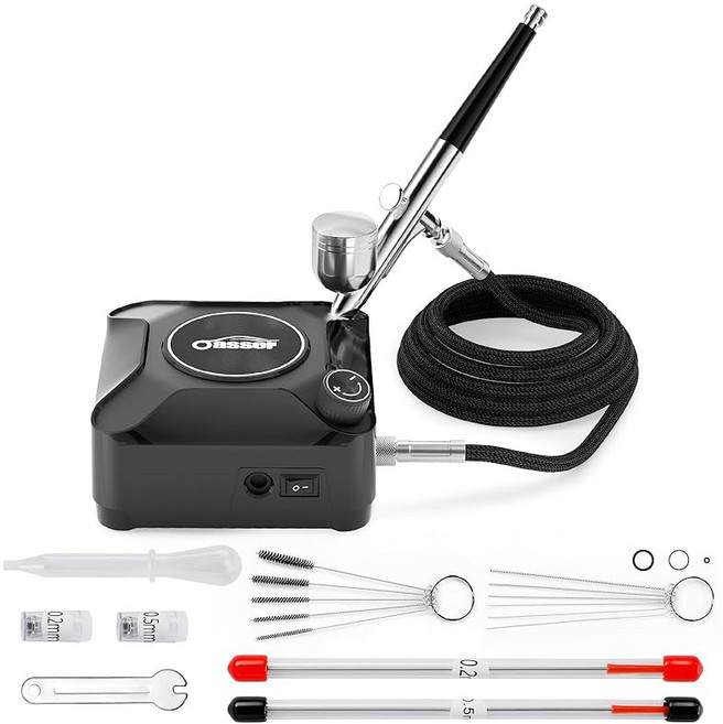 Oasser 에어브러쉬 세트 미니컴프레셔 더블액션 무단계 압력 제어 타입 2-36PSI 조절 가능 프라모델 도장 바디아트 도장도구 운반하기 쉽다 초보자용 노즐구경 0.2mm 0.3