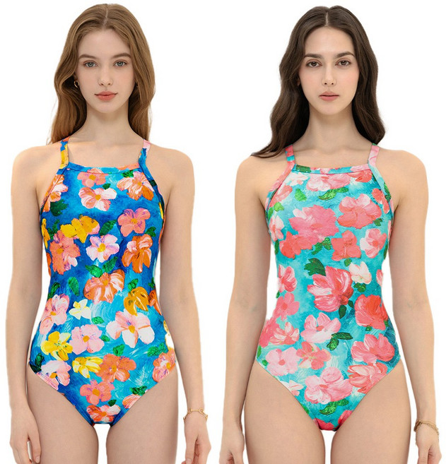 엘르 유화 플라워 삼각 원피스 수영복 ELF-Y109, 블루