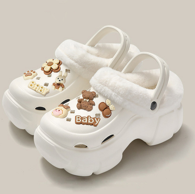 곰돌이샵 6cm 통굽 가벼운 EVA 방한 샌들 슬리퍼 여성용 키높이 겨울 털 실내화 아쿠아 미용실 네일샵 사무실 슬리퍼