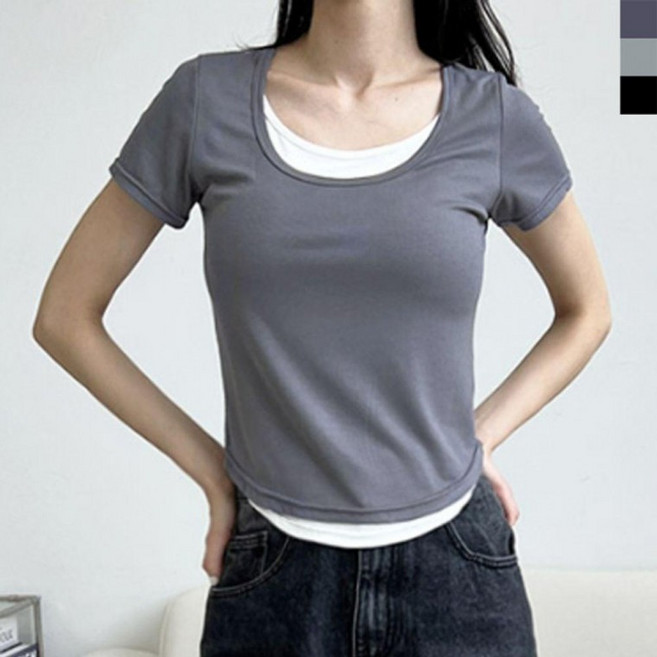UBA 여성 티셔츠 페이크 레이어드 반팔티 1P 스쿱넥 티셔츠