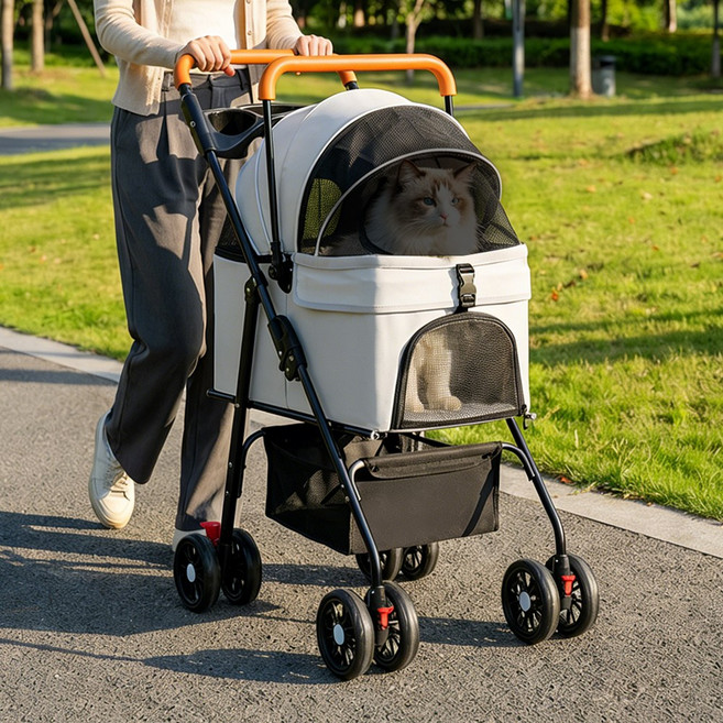분리형 강아지 유모차 고양이 반려동물 카시트 겸용 원터치 폴딩 애견 이동 카트 중소형견 감성 나들이 / 산책 접이식 개모차, 1개, 그레이