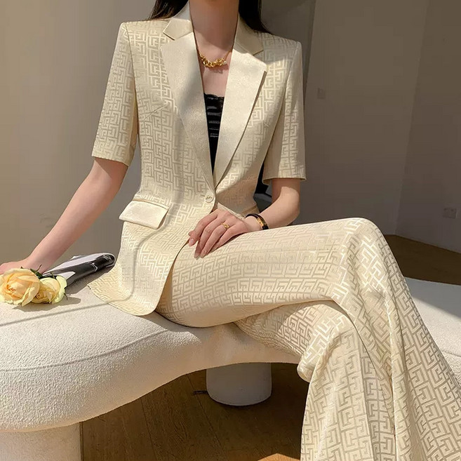 여성 정장 바지 세트 여성용 고급 여름 반팔 자켓 팬츠 투피스 세트 정장 JXH