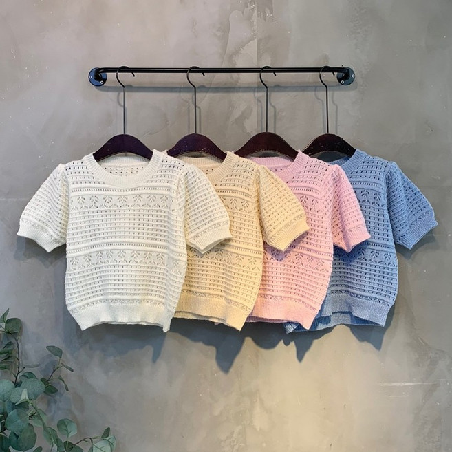 (신상 무료배송)노라 퍼프 펀칭 크롭 반팔 니트 4color C