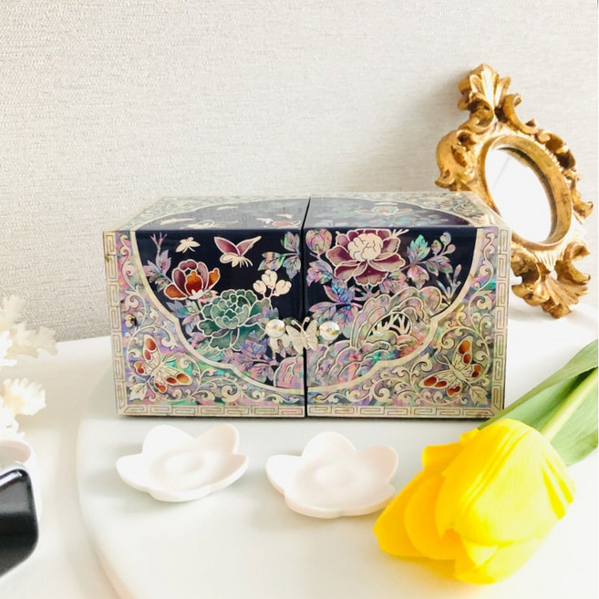 오닉스 블랙 더블 나비 자개보석함 쌍합자개함 돌반지보관함 나전칠기 보석함, 블랙(대표), 1개