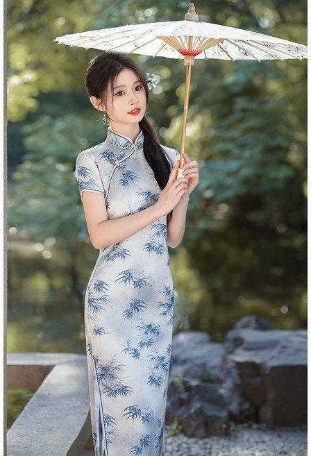 復古絲綢印花長旗袍 清新優雅 修身顯瘦, 單色