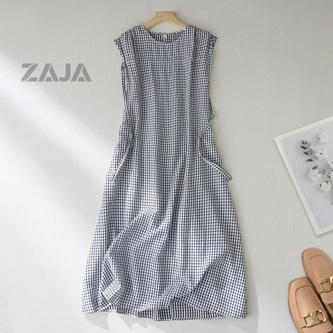 ZAJA 여름 여성 체크 롱 원피스 루즈핏 민소매 데일리 캐주얼