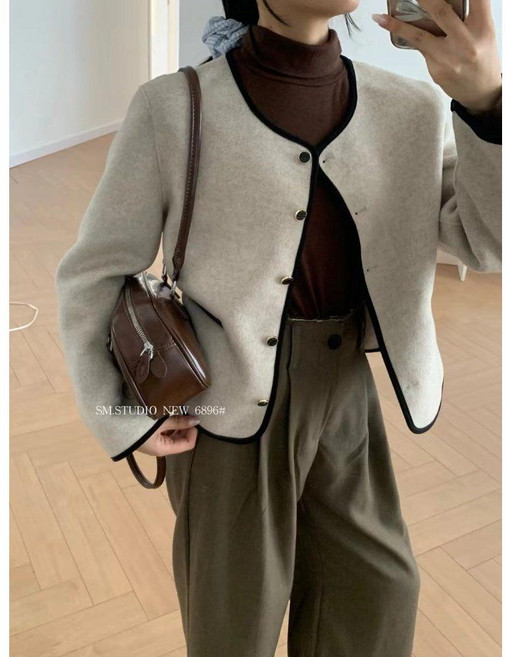 칩썬데이 여성 가을 겨울 라운드넥 양면 캐시미어 숏 코트