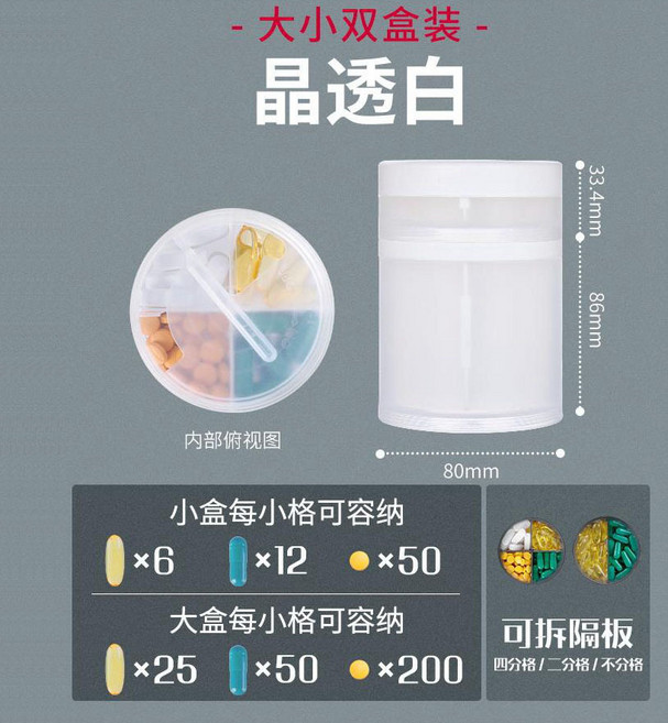 藥盒子便攜藥物收納盒大容量家用藥片藥品藥丸分裝日本隨身小藥瓶, 1個, 一大一小-透白:無規格