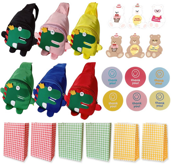 키즈 공룡슬링백(포장봉투 스티커 포함) 어린이집 유치원 생일 선물 답례품 구디백 어린이 아동 유아 키즈 슬링백, 6개, 혼합