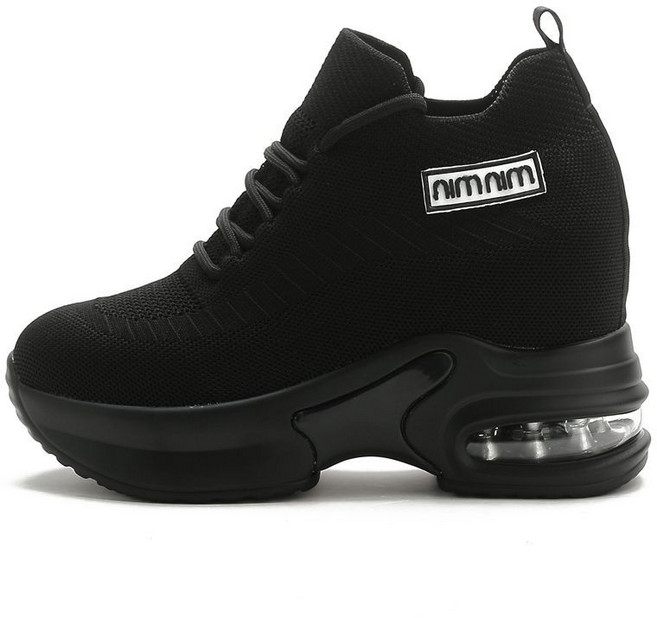 黑色運動鞋女款胖腳寬腳軟底軟面舒適內增高鞋