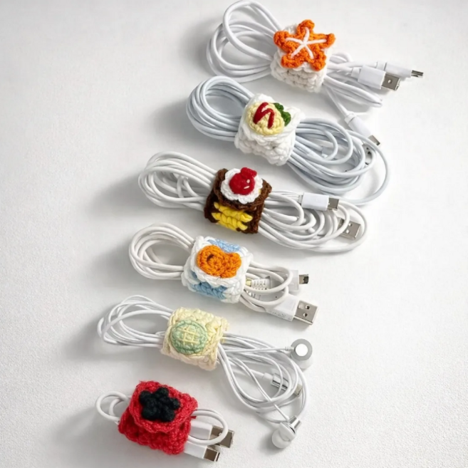 핸드메이드 뜨개 토마토 금붕어 불가사리 메론빵 푸딩 오므라이스 줄감개 선정리 케이블홀더 이어폰 충전기, 1개, -