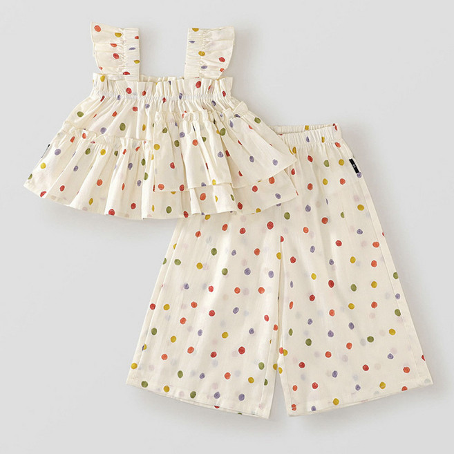 지디오 키즈 여아 민소매 도트 투피스 스퀘어넥 셔링 블라우스 밴딩 팬츠 셋업 아동복