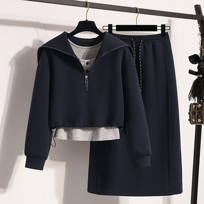 ROYALBELLE 여성 빅사이즈 맨투맨 3종세트 크롭탑 긴팔 후드 티셔츠 이너 나시 미디엄 스커트 V31209