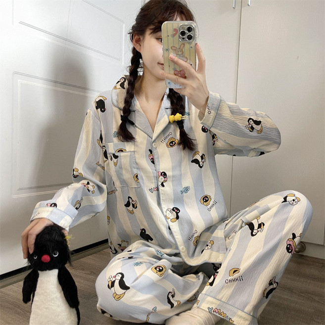翻領開衫卡通睡衣套裝 可愛休閒家居服