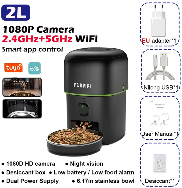 1080P HD 카메라 자동 고양이 급식기 5GWiFi 투야 펫 스마트 푸드 디스펜서 개 액세서리, 01 1080P HD 5GWiFi, 01 4L 1.06gal, 01 Black EU plug, 1