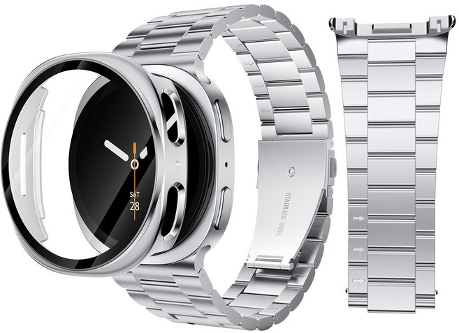 AITEWO 갤럭시워치 애플워치 호환 프리미엄 메탈 밴드 스트랩 액정보호 풀커버 일체형 케이스 세트 길이조절기 포함, 1개, 실버