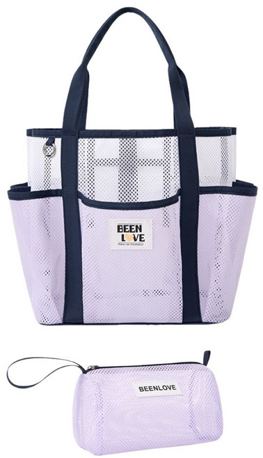 하이핀 8포켓 대용량 메쉬 수영가방 비치백 + 초경량 파우치 세트, 퍼플