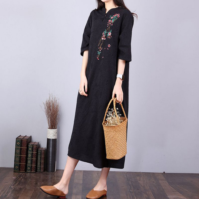 POMTOR 여성 여름 에스닉 자수 매듭 단추 롱 원피스 개량한복 생활한복 데일리룩