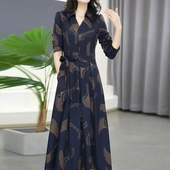 여성스러운 고급 긴팔 원피스 허리조임 스트링 브이넥 셔츠원피스 하객룩 중년여성 봄여름 롱치마