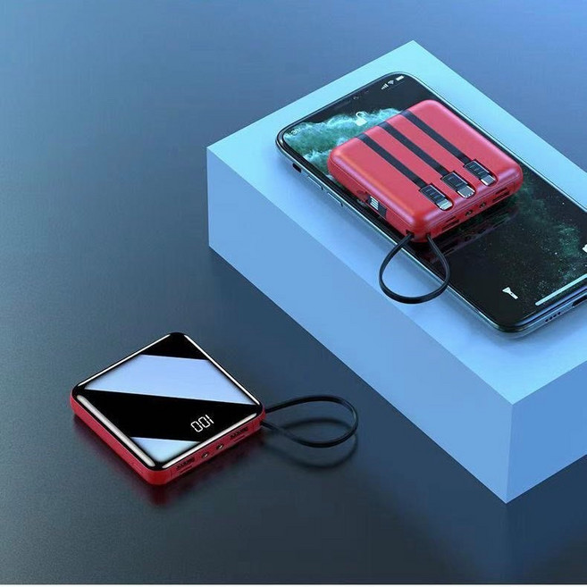 行動電源 20000mah 鏡面自帶線 快充迷你便攜買一送六, 紅【款式1】, 紅
