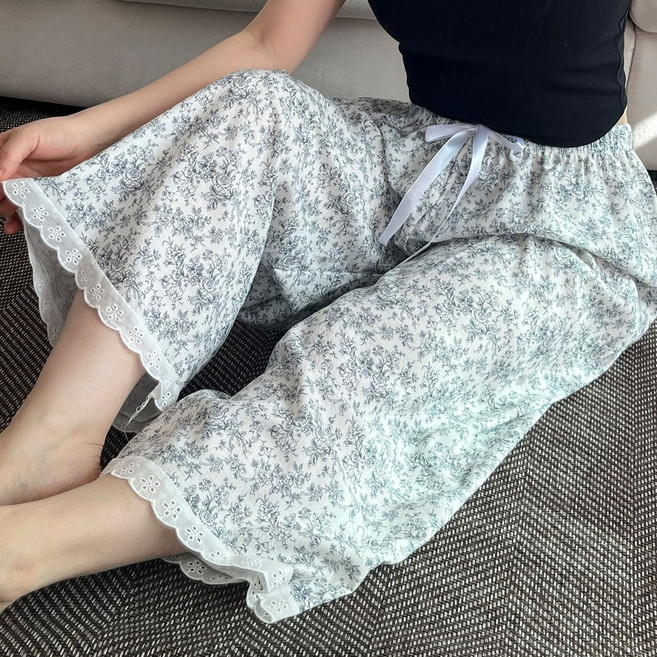 델리엔 여성 여름 8부 잠옷 바지 플라워 레이스 파자마 팬츠 밴딩 홈웨어 인조인견 빅사이즈 잔꽃