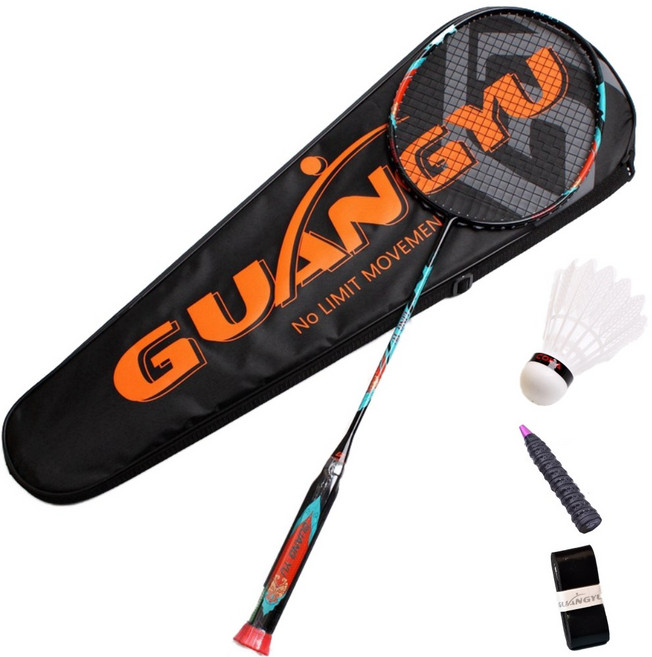 초보자용 풀카본 초경량 8U 64g 배드민턴 라켓 1P+가방1+그립1+라켓 보호 테이프1+셔틀콕1, 1개, 블랙+블랙