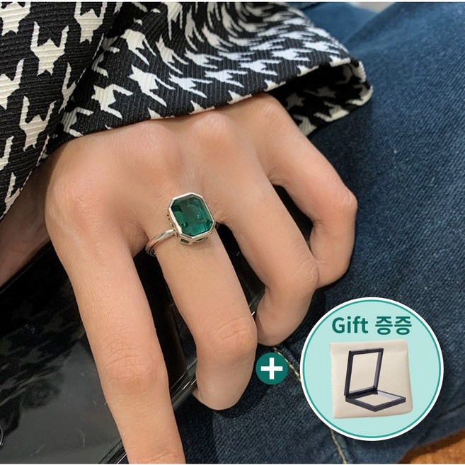 LuckyGlory 실버 925 에메랄드 그린 엔틱 오픈링 고퀄리티 사각모양 여성 남성 반지 아모아 은반지 사이즈 조절가능한 GD 반지 + 사은품
