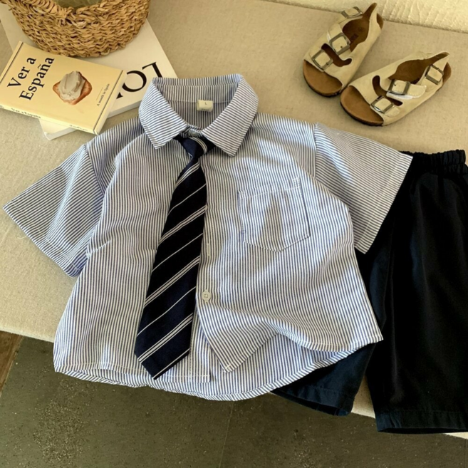 [떼아베베] 3-8세 남아 상하복 반팔 남방 셔츠 카라 넥타이 반바지 정장 상하세트 키즈 아기 데일리 나들이 행사 소풍 하객룩 등원룩 아동복